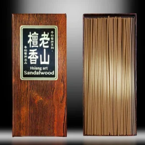 Image showcasing the Lao Shan Sandalwood incense sticks with their decorative box.